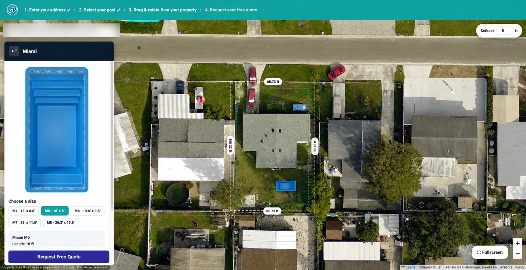 Pool visualizer tool showing a pool placed on a property